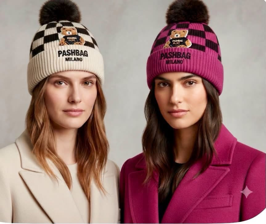 Cappello Pashbag a quadri con Teddy e pon-pon