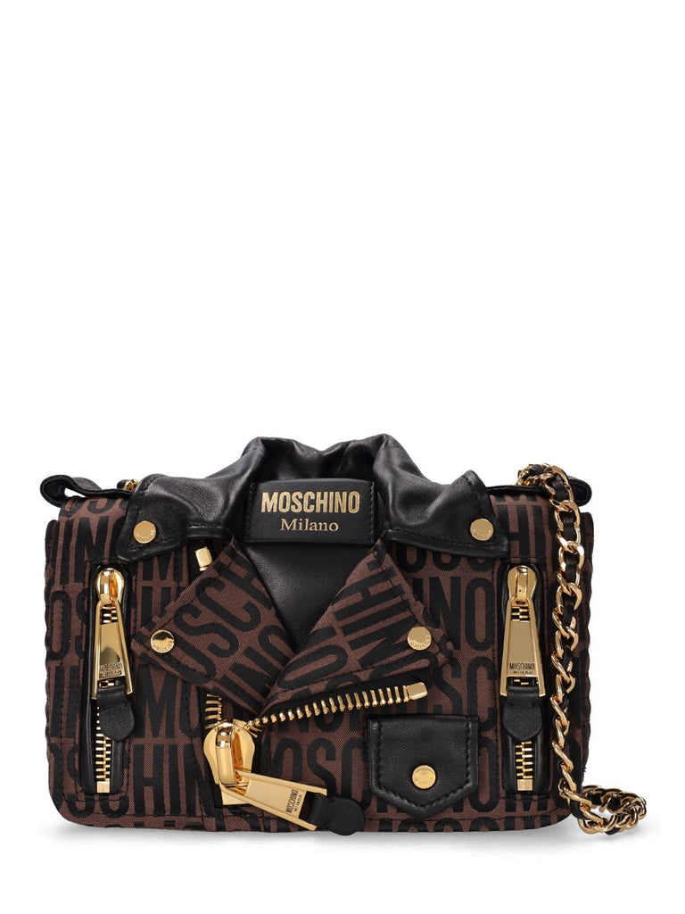 Borsa Moschino Milano Biker 6MA7421 con logo jacquard marrone nero