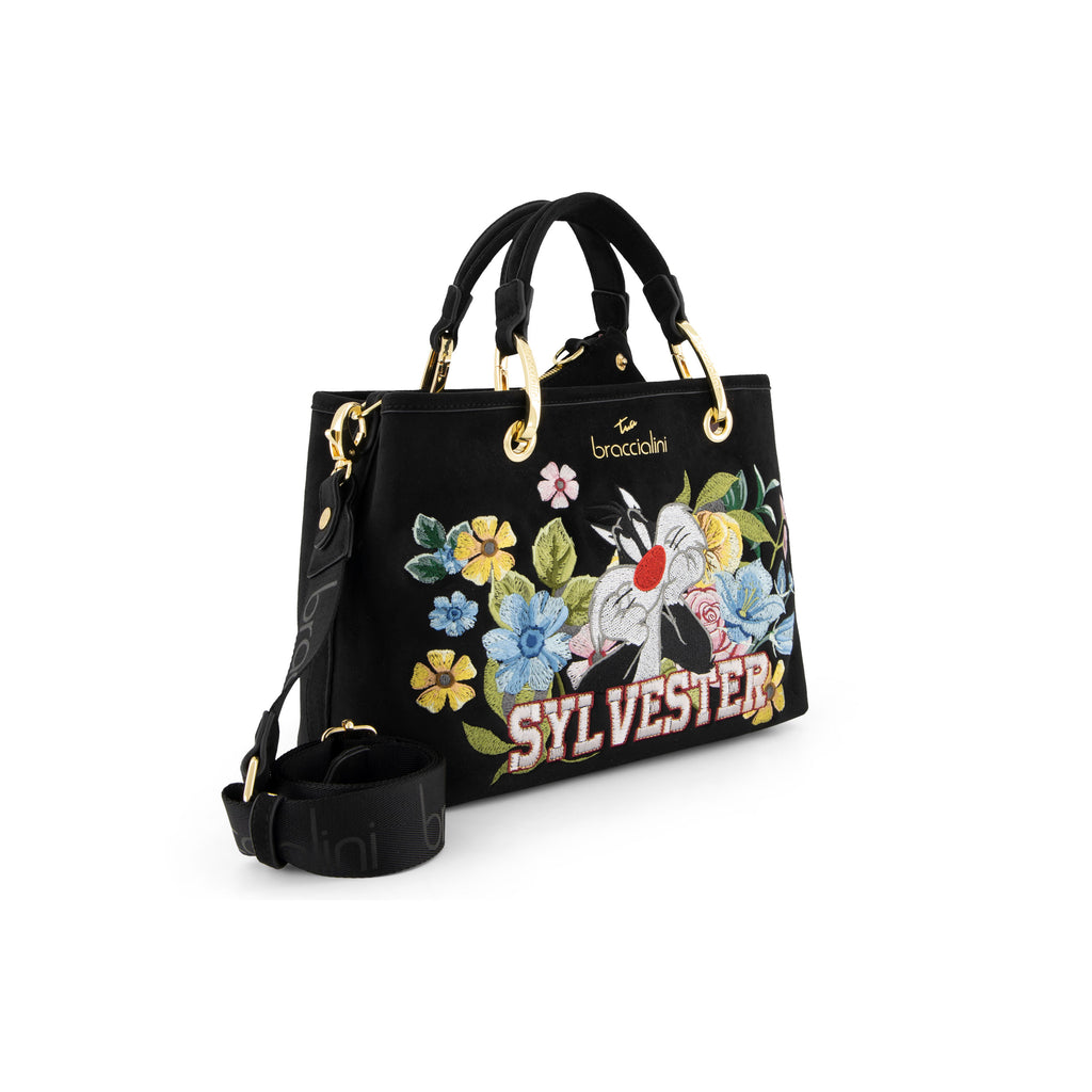 Borsa Braccialini Beth Bloom LT320 Gatto Silvestro Tote Medium in suede nero