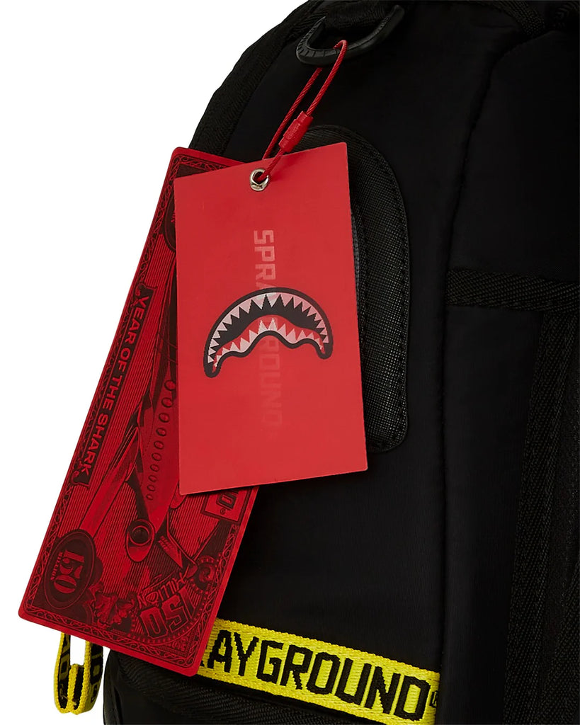 ZAINO SPRAYGROUND ART7736 SHARK CENTRAL YELLOW TAPE DLX SATIN BACKPACK