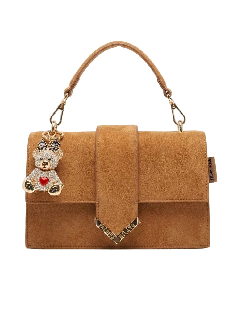 Borsa Pashbag Kayla in suede a tracolla con charms orsetto