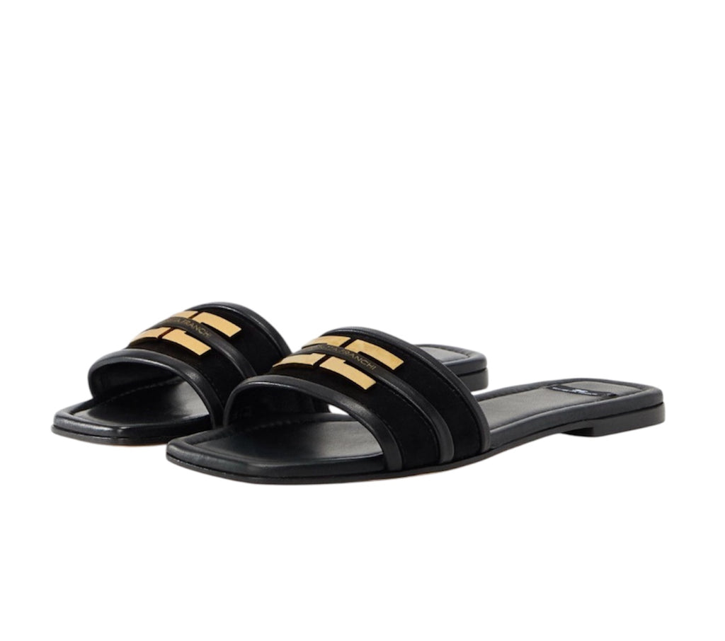 Ciabatte Sandalo Elisabetta Franchi SA72L61E2 Flat in pelle Nero con logo dettaglio