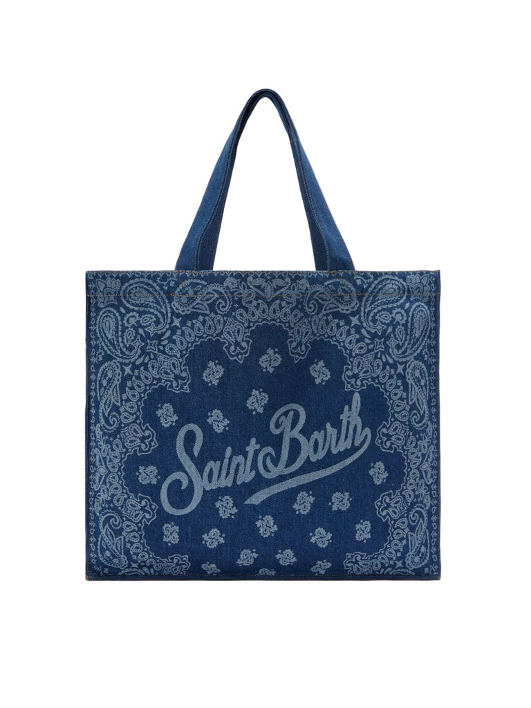 Borse Saint Barth Essential Bag in tessuto denim stampa bandana e logo a contrasto