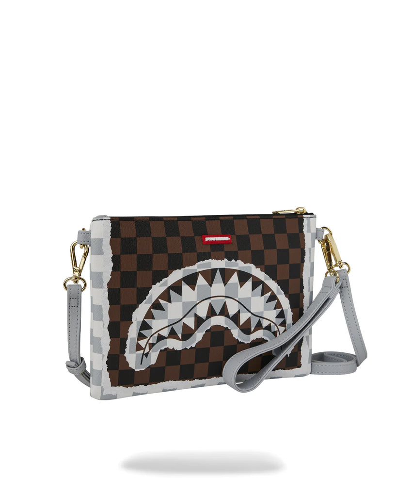 POCHETTE SPRAYGROUND 8295 CREAM AND BROWN TEAR CHECK CROSSOVER CLUTCH