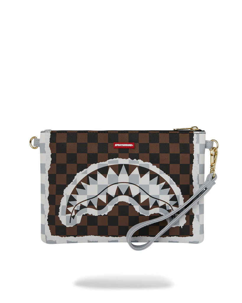 POCHETTE SPRAYGROUND 8295 CREAM AND BROWN TEAR CHECK CROSSOVER CLUTCH