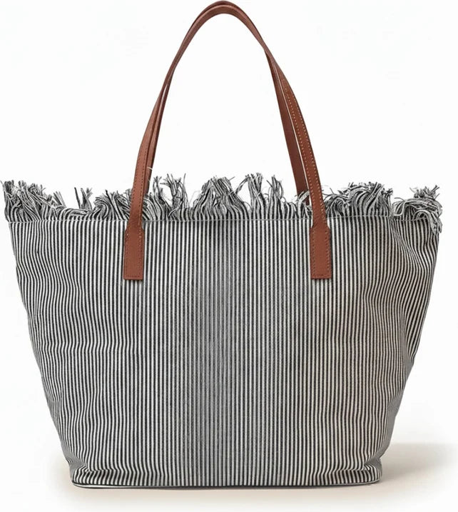 Borsa Saint Barth city bag fringe big micro stripes nero/bianco CBF0001 01769L