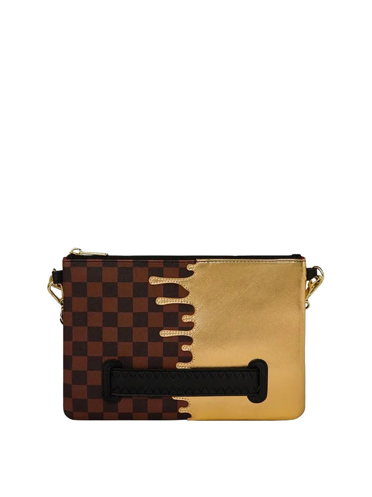POCHETTE SPRAYGROUND 9344 BROWN SHARKS IN PARIS GOLD DRIP CROSSOVER CLUTCH
