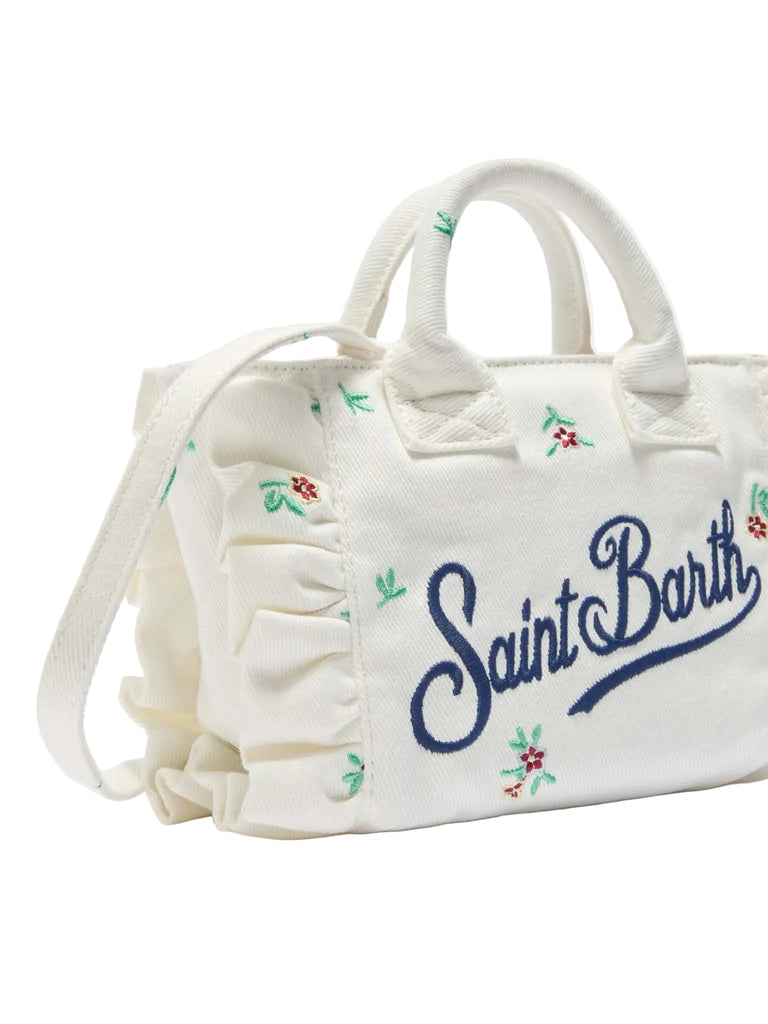Borsa Saint Barth 01755 mini volant in denim bianca con fiori ricamati