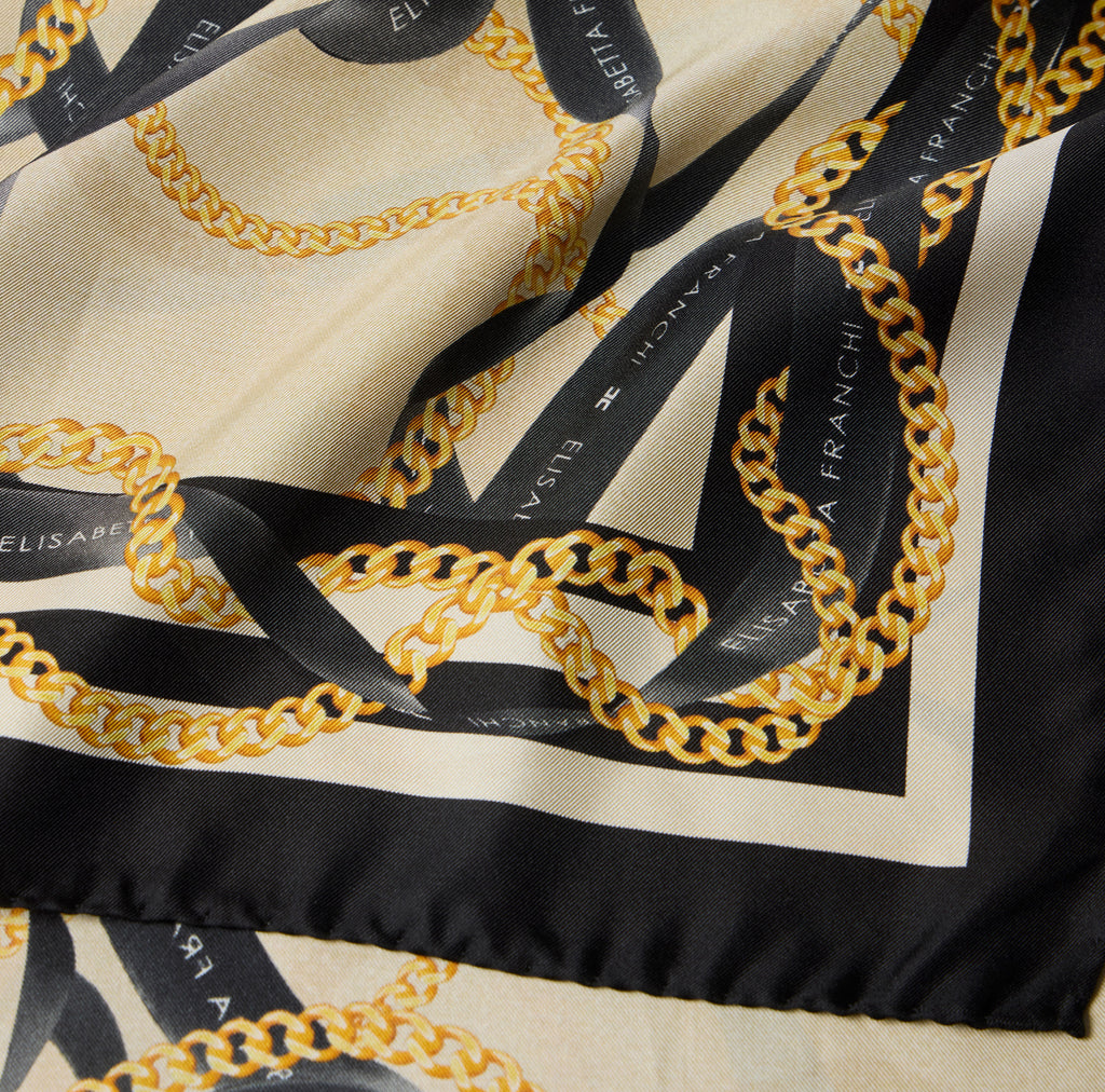 Foulard in twill di seta con stampa nastri e catene