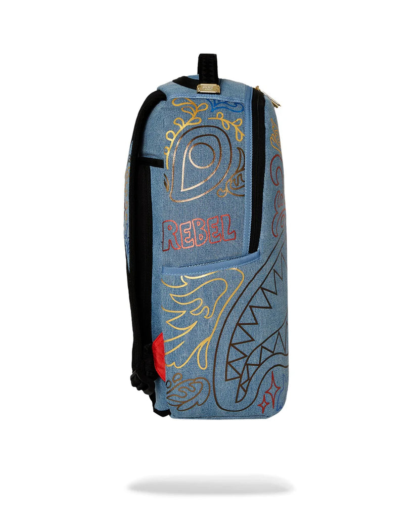 ZAINO SPRAYGROUND ART6976 METALLIC PRINTED DENIM SHARK DLXSV BACKPACK
