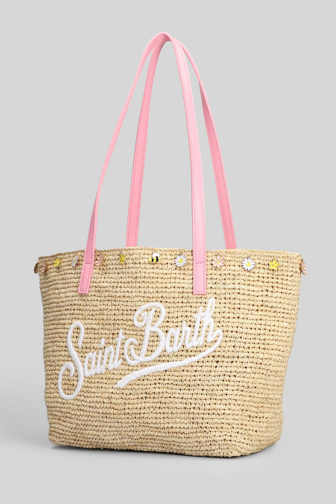 Saint Barth Rafia City Mid Bag beige con logo Saint Barth ricamato e charm RAFC002