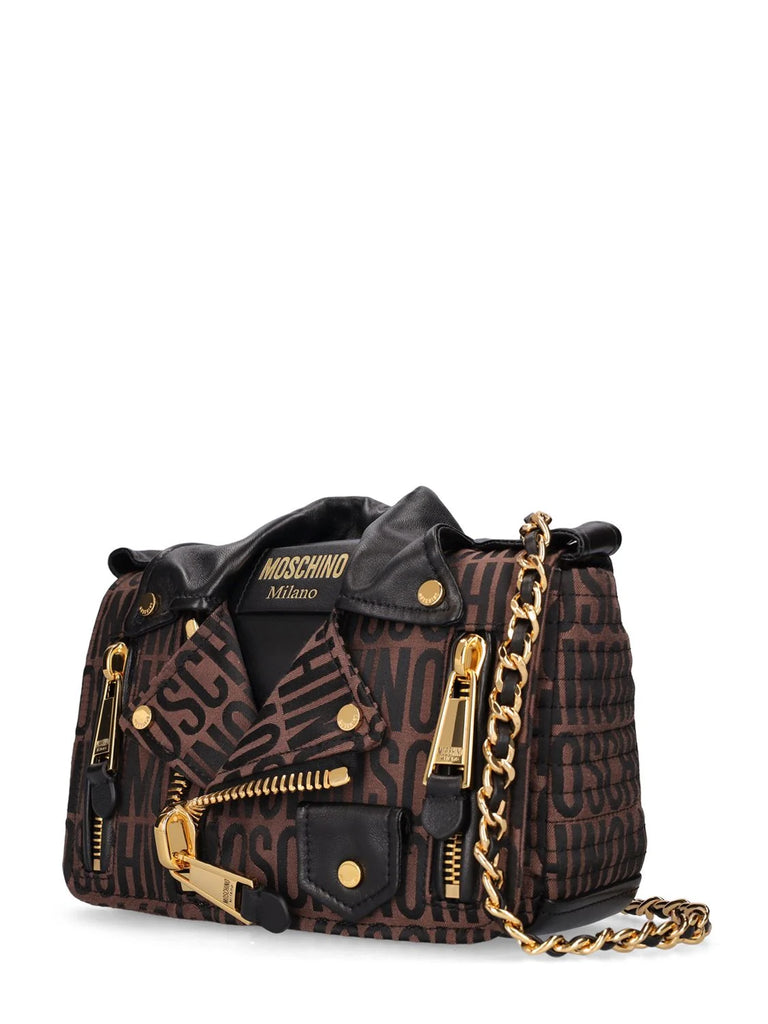 Borsa Moschino Milano Biker 6MA7421 con logo jacquard marrone nero