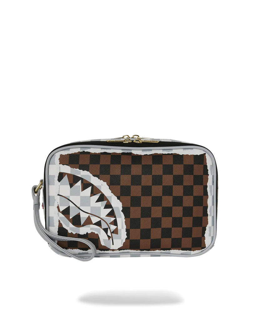 POCHETTE SPRAYGROUND 8294 CREAM AND BROWN TEAR CHECK TOILETRY BAG
