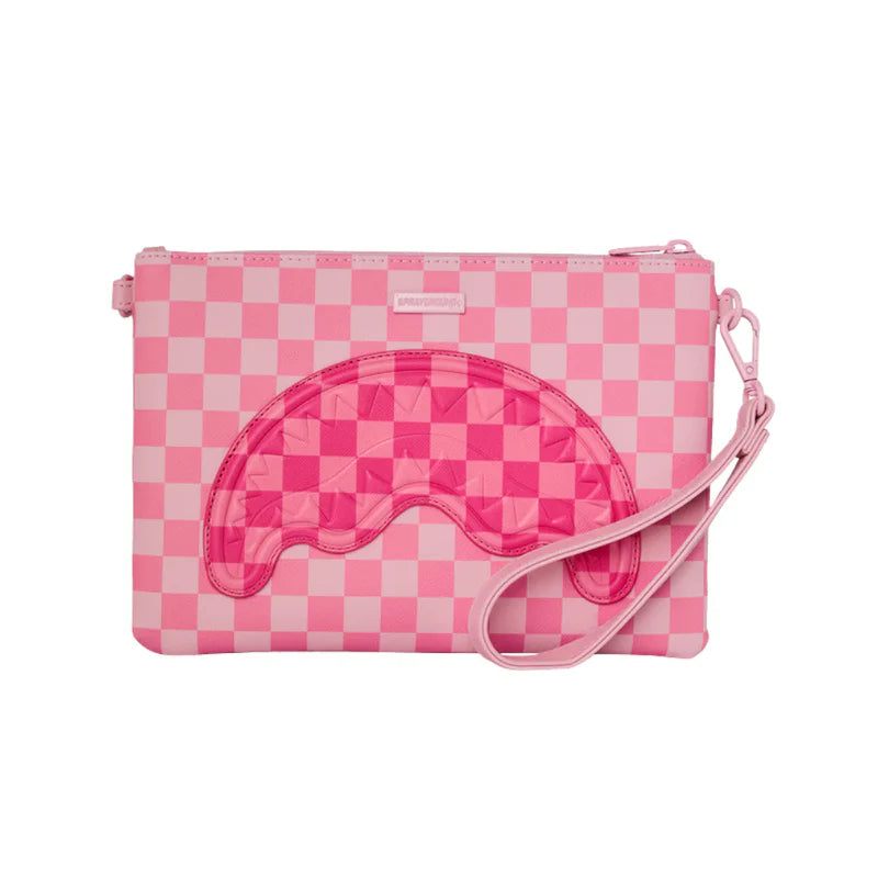 POUCHETTE SPRAYGROUND 9014 PINK SHARKS IN PARIS PATCH CROSSBODY CLUTCH
