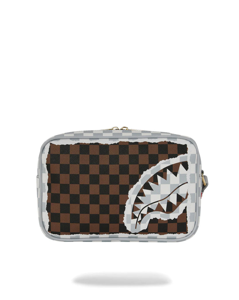 POCHETTE SPRAYGROUND 8294 CREAM AND BROWN TEAR CHECK TOILETRY BAG