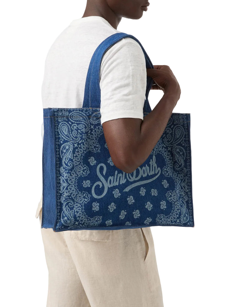 Borse Saint Barth Essential Bag in tessuto denim stampa bandana e logo a contrasto