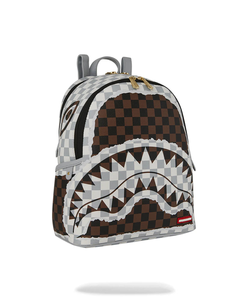 ZAINO SPRAYGROUND 8291 CREAM AND BROWN TEAR CHECK SAVAGE BACKPACK