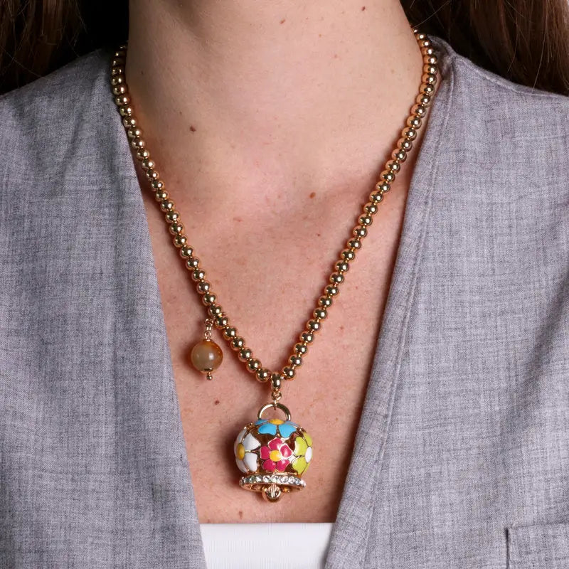 Collana Amo Capri  con campanella a  fiore multicolore e perla