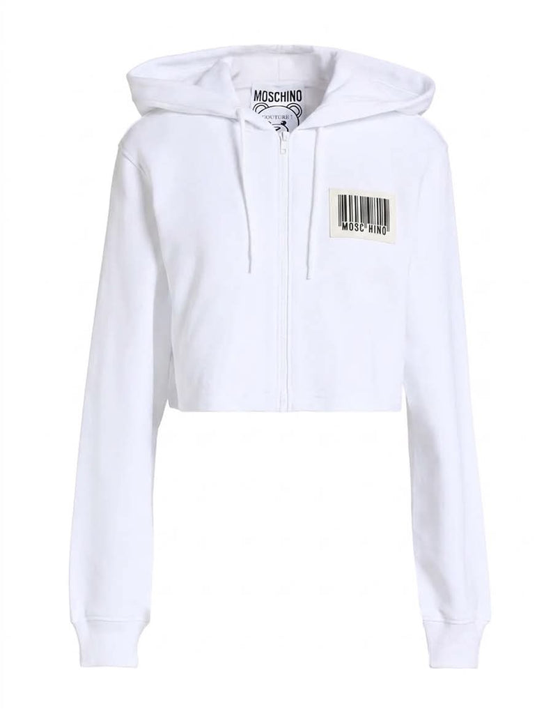 Felpa Moschino Cropped Con Zip E Cappuccio Logo Ricamo Codice A Barre EA1709