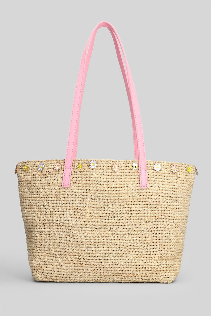 Saint Barth Rafia City Mid Bag beige con logo Saint Barth ricamato e charm RAFC002