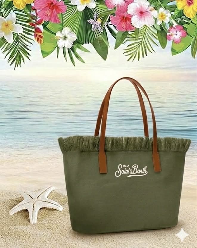 Borsa Saint Barth City Bag Big In Canvas Con Fringe Verde CBF0001 00587L