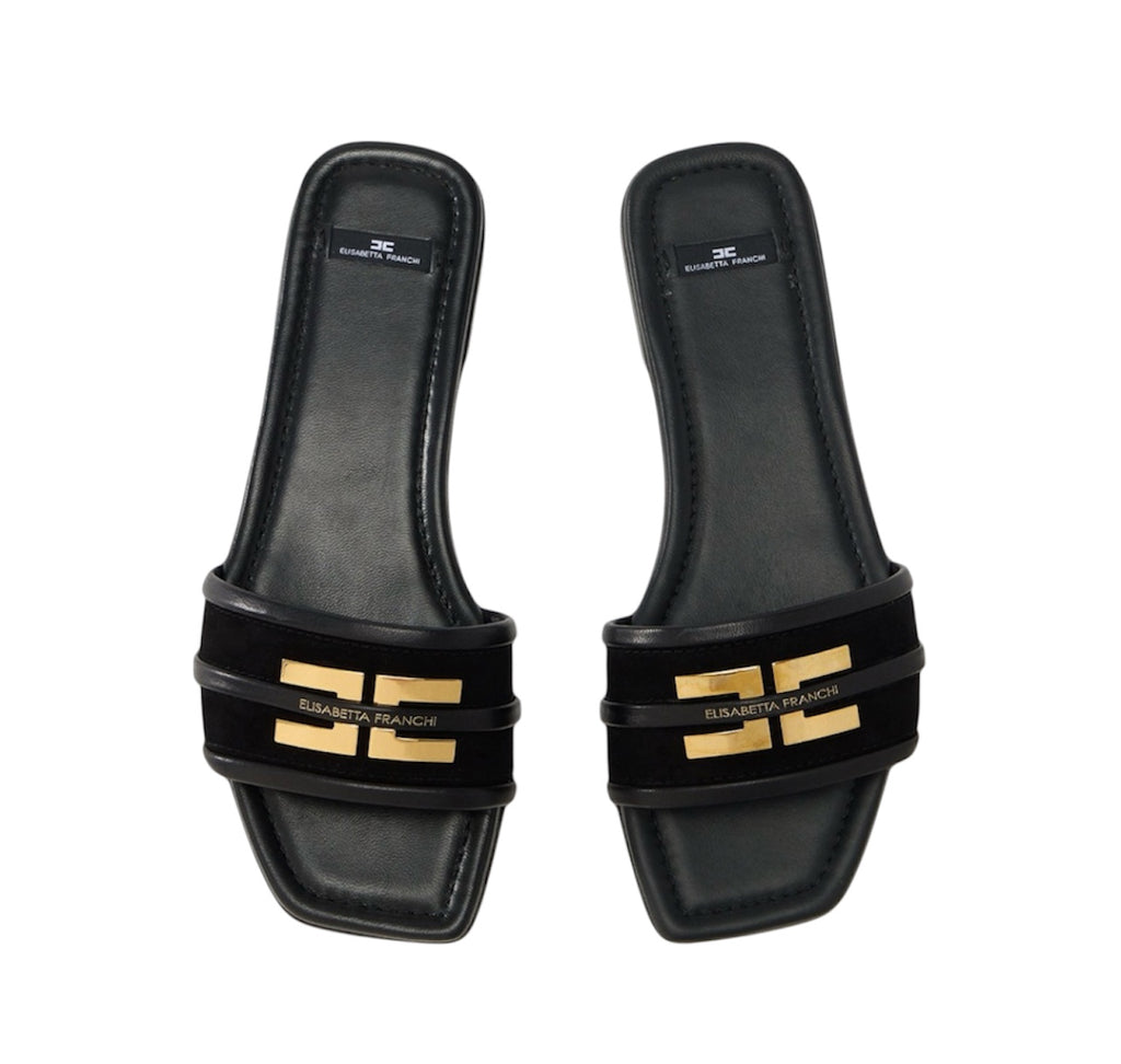 Ciabatte Sandalo Elisabetta Franchi SA72L61E2 Flat in pelle Nero con logo dettaglio