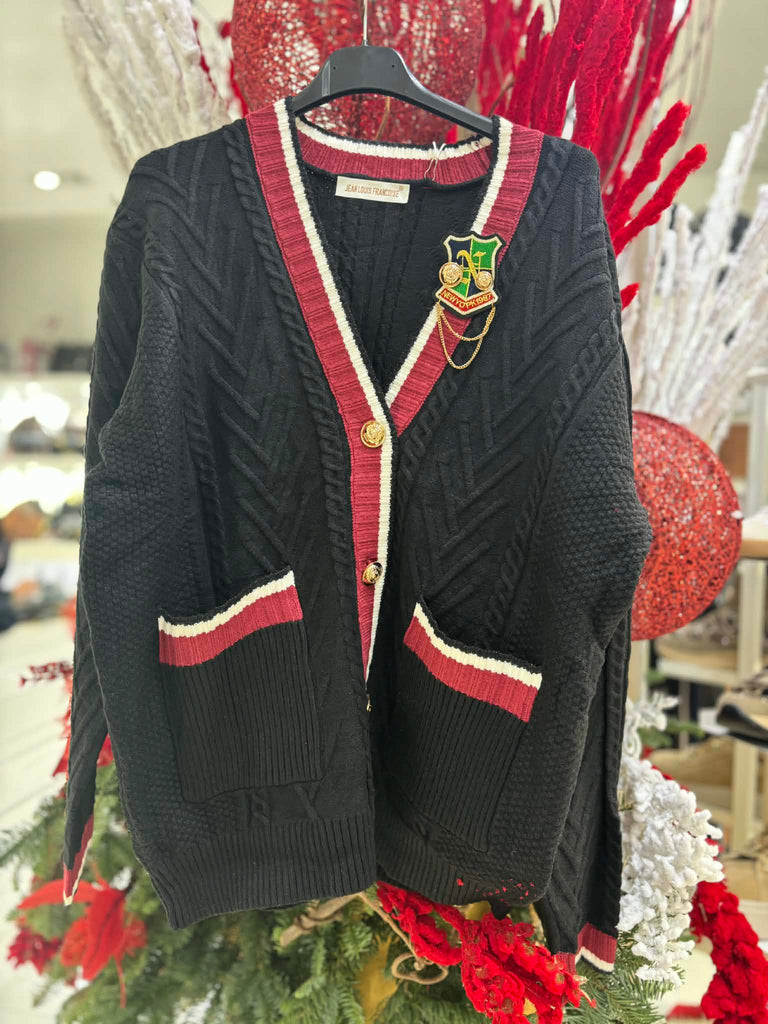 Cardigan donna trecce con patch ricamata