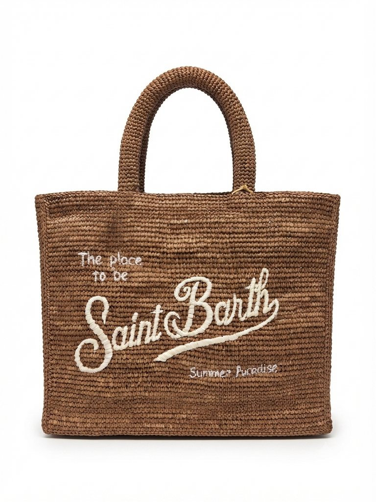 Borsa Saint Barth colette raffia marrone con logo ricamato bianco COL0013 00452L