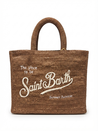Borsa Saint Barth colette raffia marrone con logo ricamato bianco COL0013 00452L