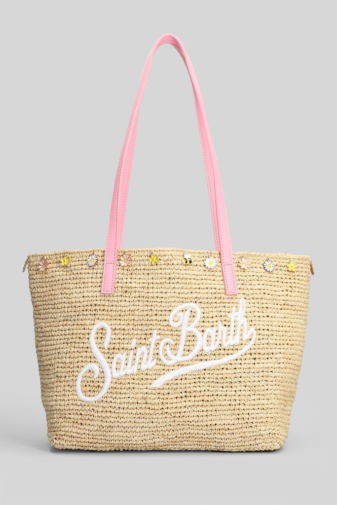 Saint Barth Rafia City Mid Bag beige con logo Saint Barth ricamato e charm RAFC002