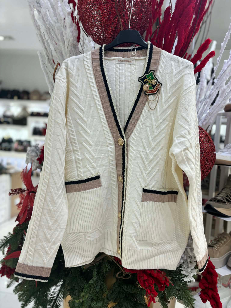 Cardigan donna trecce con patch ricamata