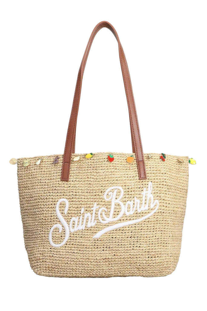 Saint Barth Rafia City Mid Bag beige con logo Saint Barth ricamato e charm RAFC002