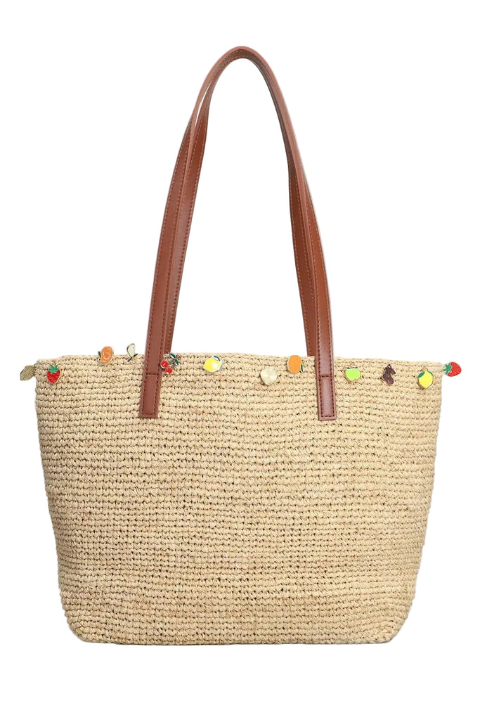 Saint Barth Rafia City Mid Bag beige con logo Saint Barth ricamato e charm RAFC002