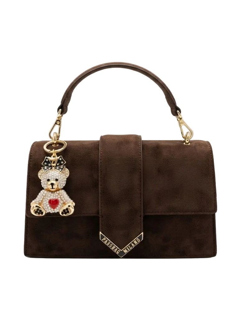 Borsa Pashbag Kayla in suede a tracolla con charms orsetto