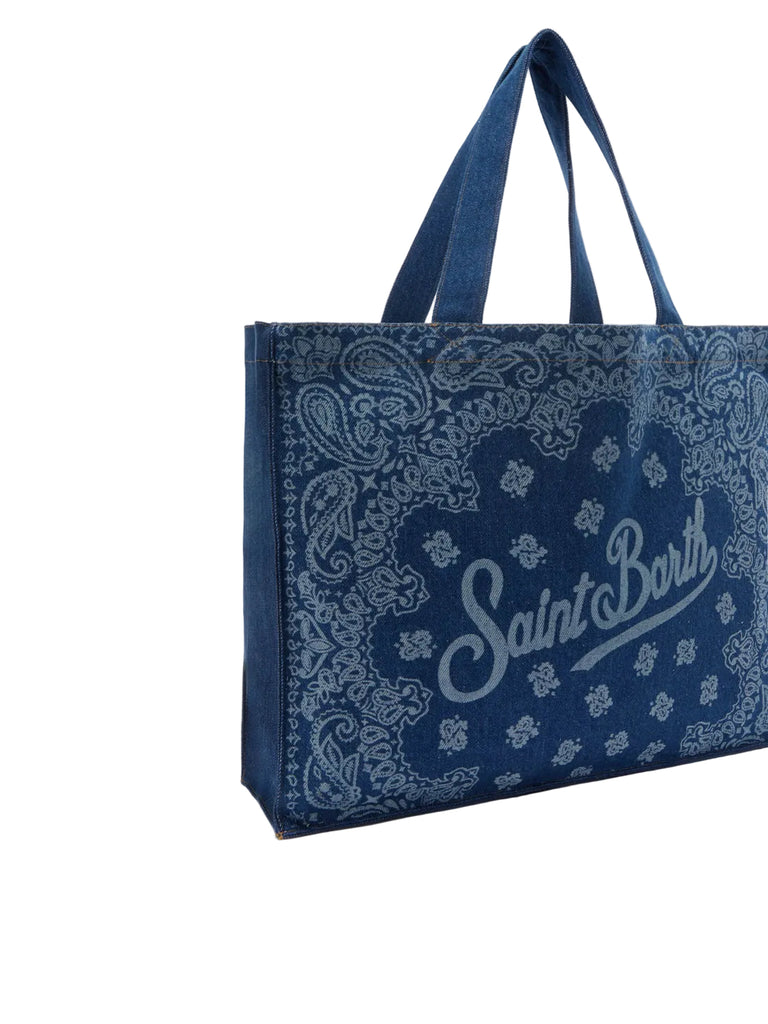Borse Saint Barth Essential Bag in tessuto denim stampa bandana e logo a contrasto