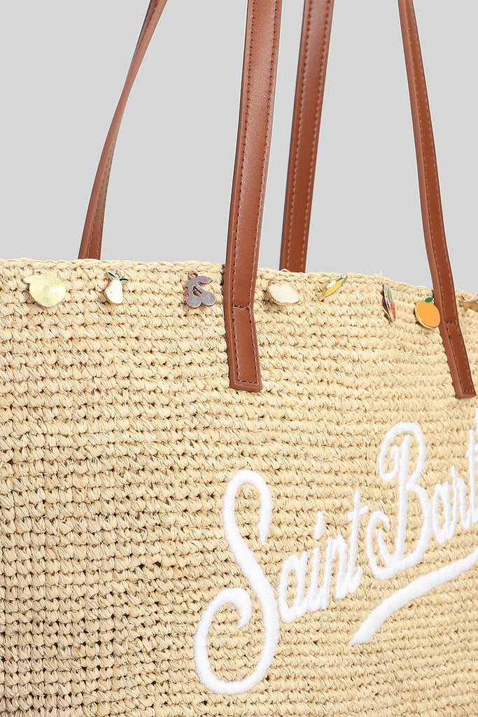 Saint Barth Rafia City Mid Bag beige con logo Saint Barth ricamato e charm RAFC002
