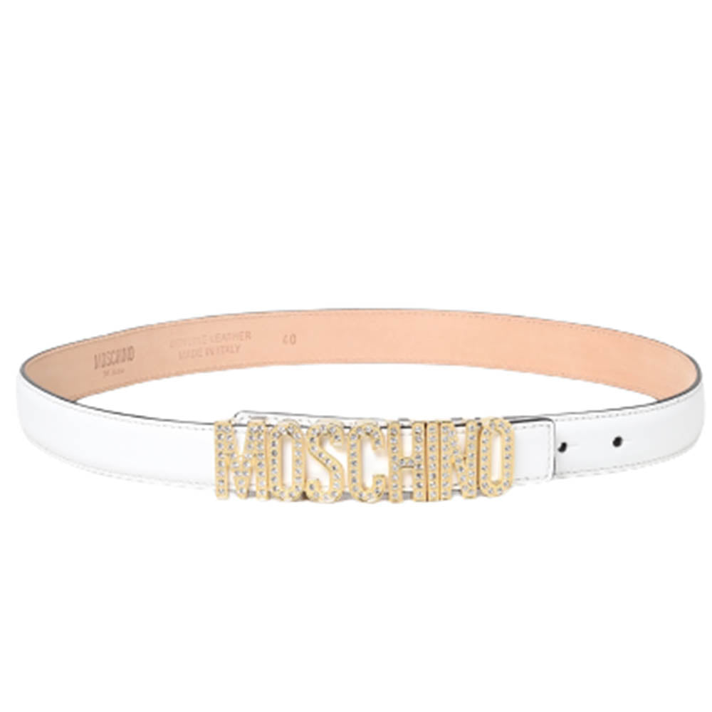 Cintura Moschino Couture art 8023 grande opaca bianca logo oro e strass tg 44