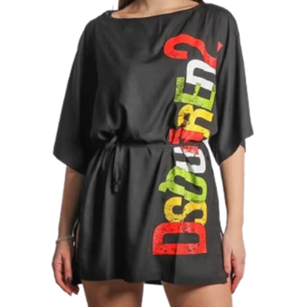 Maxi t-shirt DSQUARED2 art D6A253540 nera con logo multicolore