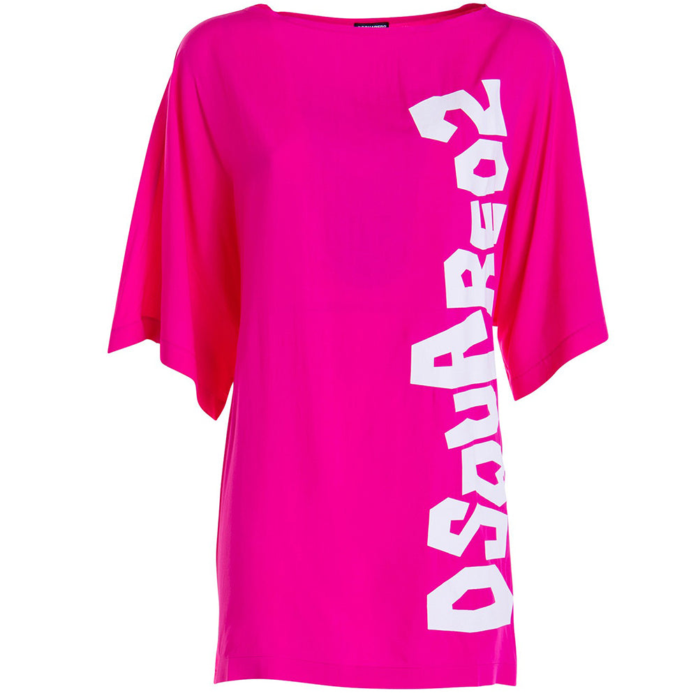 Maxi t-shirt DSQUARED2 fuxia logo bianco