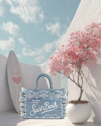 Borsa Saint Barth Colette Volant In Denim  Ricami A Fiori COL0027 02535L