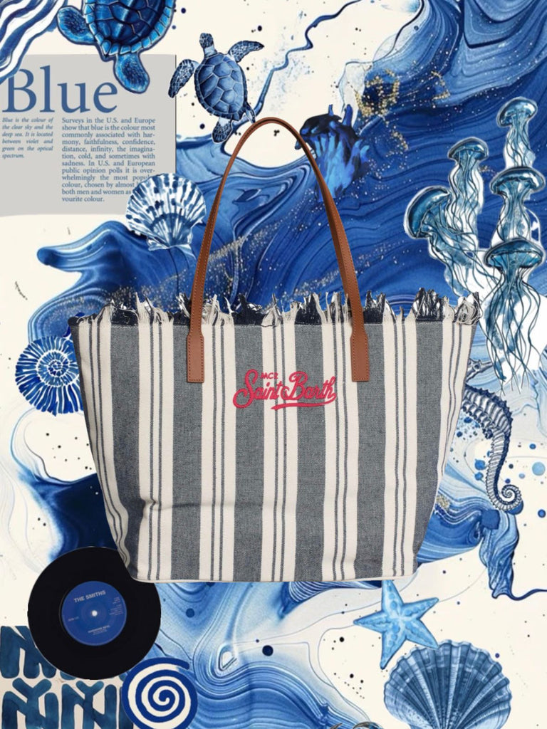 Borsa Saint Barth City Bag Mid Fringe Double Stripes Blu CBMF001 01762L