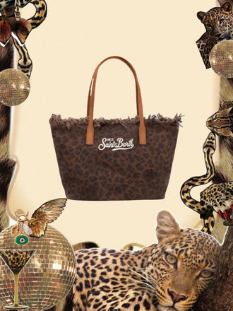 Borsa Saint Barth City Bag Big Con Fringe In Canvas Leopardato CBF0001 00588L