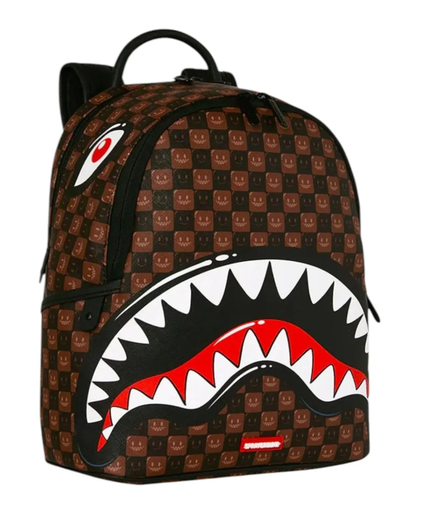 ZAINO SPRAYGROUND 9305 SHARKS IN PARIS WTF BUBBLE BROWN CHECK SAVAGE BACKPACK MEDIUM