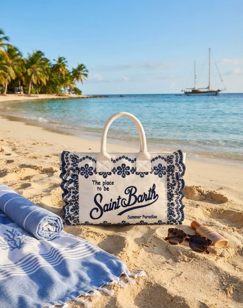 Borsa Saint Barth 02534 Colette Volant Sangallo Flowers Bianca e Blu