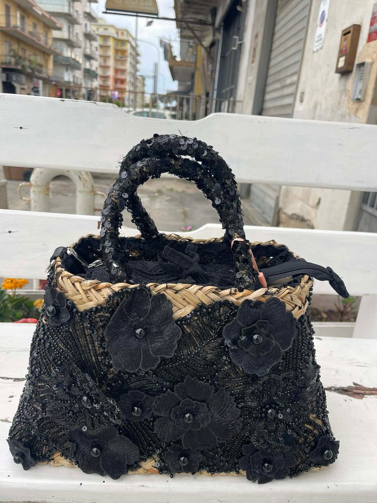 Borse Alessia & Massimo Coffa Siciliana In Rafia Con Decori perle, fiori e pizzo 2214
