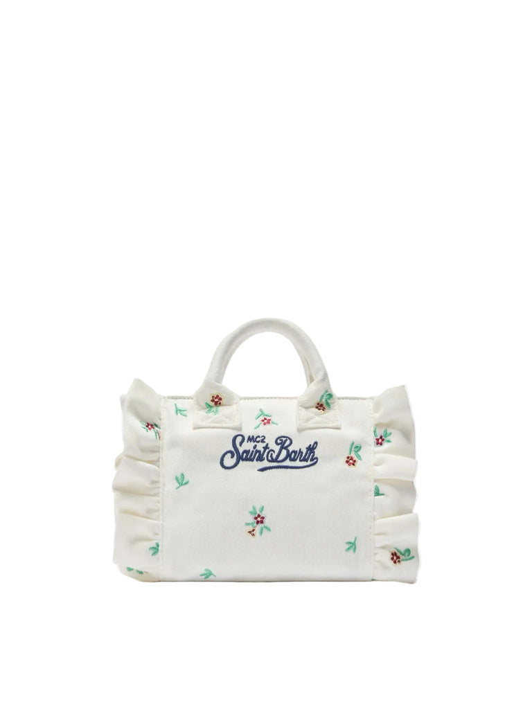Borsa Saint Barth 01755 mini volant in denim bianca con fiori ricamati