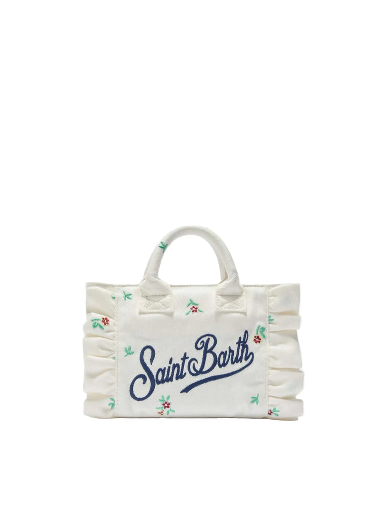 Borsa Saint Barth 01755 mini volant in denim bianca con fiori ricamati