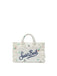 Borsa Saint Barth 01755 mini volant in denim bianca con fiori ricamati