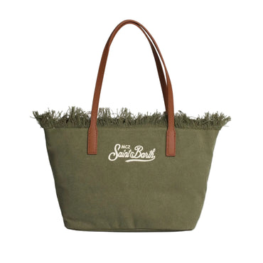 Borsa Saint Barth City Bag In Canvas Con Fringe Verde CBMF001 00587L