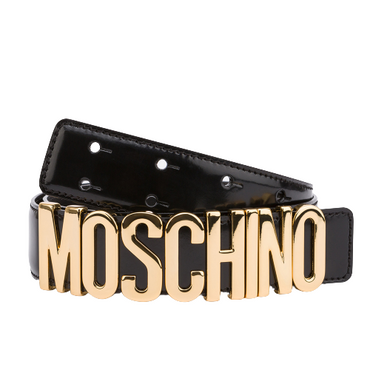 Cintura Moschino Couture in pelle art 8012 nero vernice logo grande oro